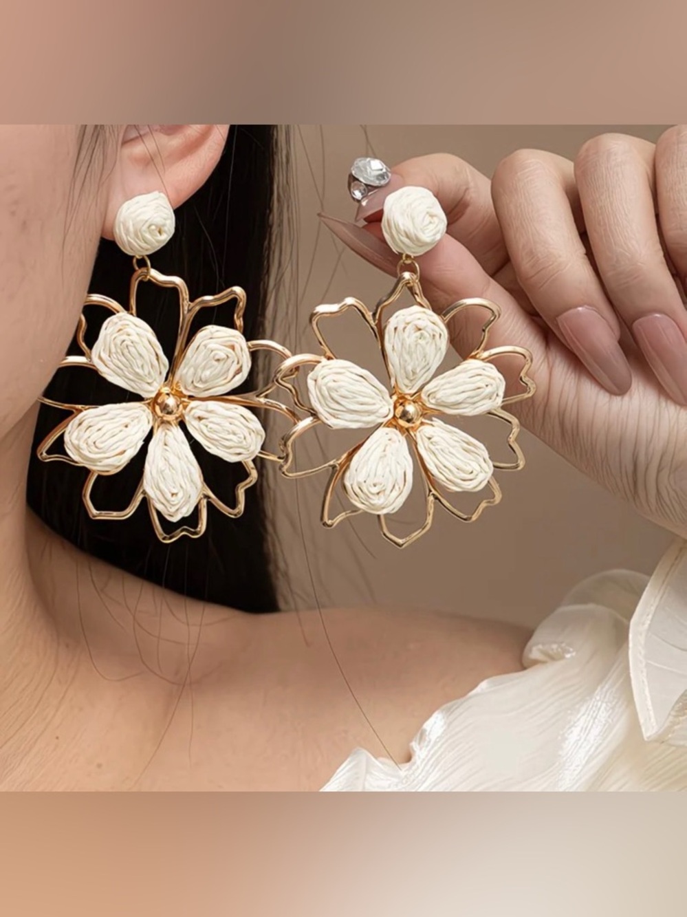 Zara Cream Floral Hoop Drop Earrings with Gold Frame